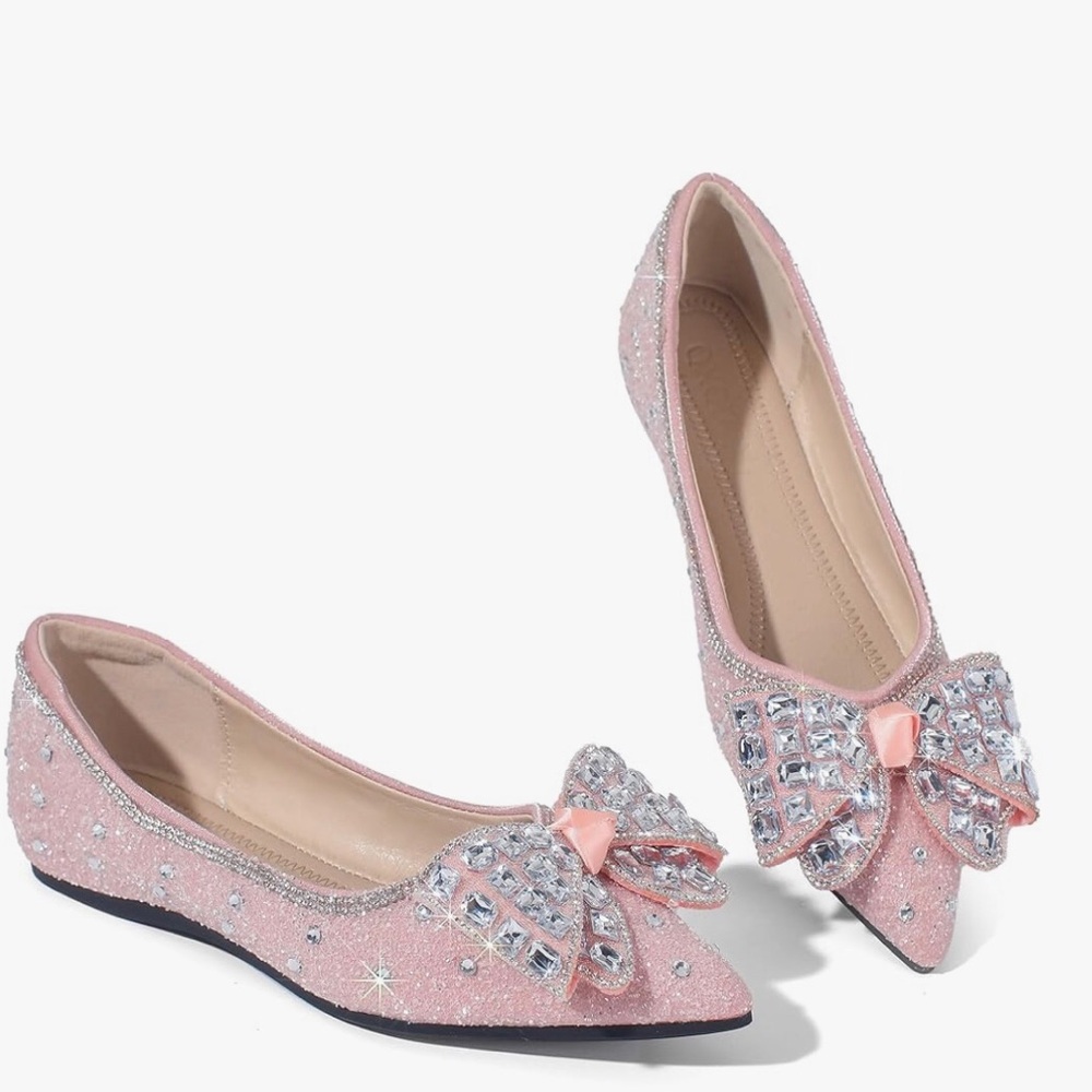 Pink Crystal Bow Pointed Toe Ballet Flats